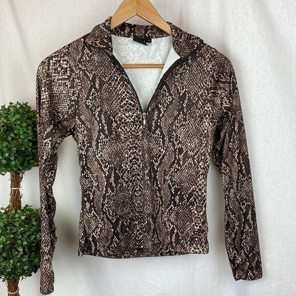Nils Brown Animal Print Long Sleeve Quarter Zip Top S - Picture 1 of 5